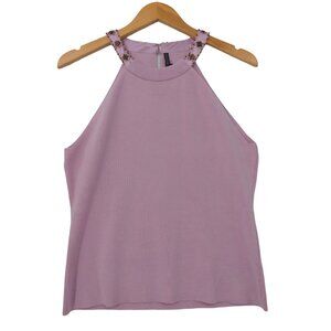 Antonio Milani Halter Neck Top Womens L Purple Sleeveless Silk Blend Embellished